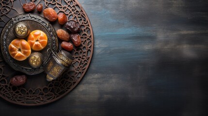 Obraz na płótnie Canvas Top view, flat lay with Dried fruits, Dates, Lantern in a tray on a gray background with a copy space. The Holy Month of Ramadan, Eid Al-Adha, Iftar, Muslim Holidays, Islam concepts.