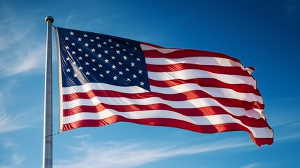 A panoramic view of the American flag waving against a clear blue sky, providing ample copy space.