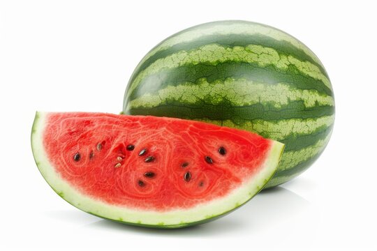 Whole watermelon with a slice cut out isolated on white background