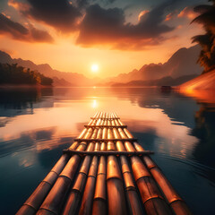 a tranquil lake at sunset. The perspective is from the end of a bamboo raft that extends into the calm water. The setting sun casts a warm, golden light across the scene, reflecting on the water - obrazy, fototapety, plakaty