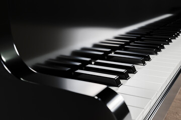 Black and white shiny piano keys close-up.