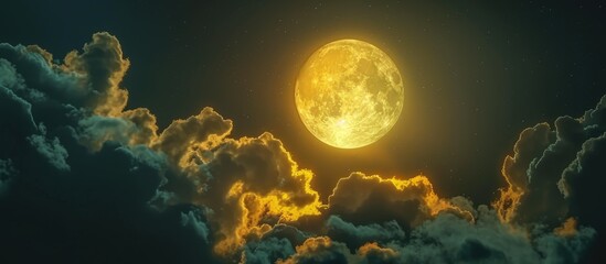 A vibrant yellow full moon shines brightly through the night sky, surrounded by growing dark clouds. The moons glow creates a mesmerizing scene in the sky. - obrazy, fototapety, plakaty