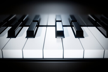 Black and white shiny piano keys close-up.