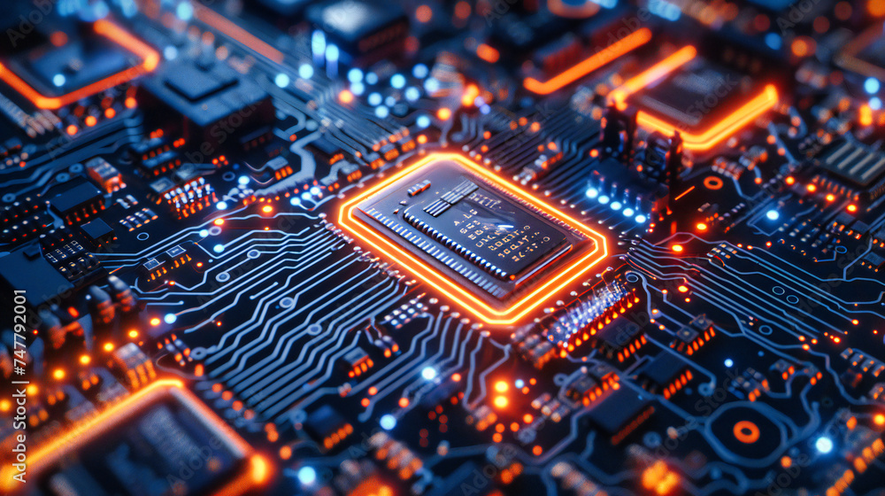 Poster microchip and circuit board close-up, technology and electronics, digital computing background, semi