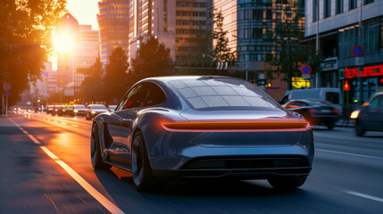 Modern electric sedans have solar panels on the back to charge them with renewable energy from the sun while driving on the road - 747792055