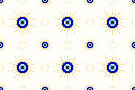 Evil eye seamless pattern. Turkish and Greek blue bead symbol. Magic nazar and ethnic circle amulet for luck. Vector spiritual ornament