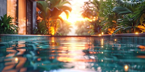 Sunset reflections on tranquil pool water surrounded by lush tropical foliage