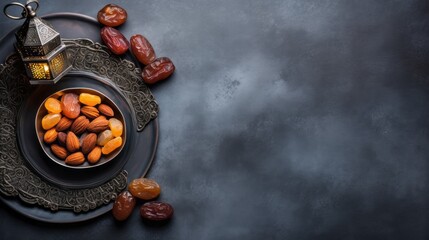 Top view, a flat lay with dates, Dried fruits, a lantern in a tray on a gray background with a copy space. The Holy Month of Ramadan, Eid Al-Adha, Iftar, Muslim Holidays, Islam concepts. - obrazy, fototapety, plakaty