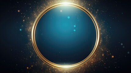 Golden ring frame on a dark blue background with sparkling dust.