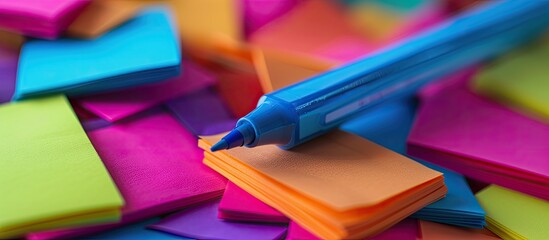 A blue pen is placed on top of a stack of assorted colored paper sheets, creating a vibrant and visually appealing display. The contrasting colors of the paper enhance the presence of the pen. - Powered by Adobe