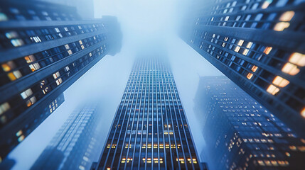Majestic Urban Skyline in Mist, Concept of Modern Architecture and Business Development, Cityscape in Foggy Atmosphere