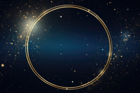Golden ring frame on a dark blue background with sparkling dust.