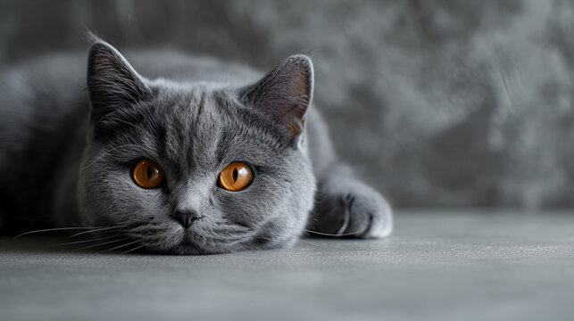 British Shorthair gray cat lying on grey background. copy space. generative ai