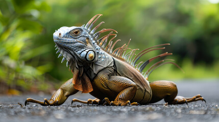 Obraz premium A green iguana lounges on a road with a lush background.