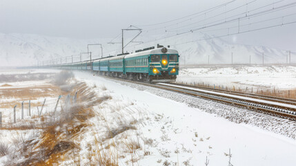 Trans-Siberian Railway Running in the cold, snowy weather in Mongolia, It was snowing heavily