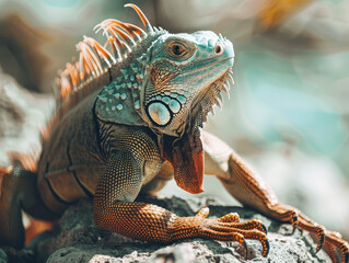 Fototapeta premium A green iguana lounges on a rock with a lush background.