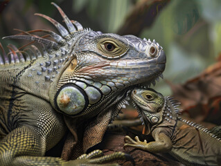 Intimate moment of brown mother iguana and its baby.