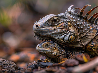 Obraz premium Intimate moment of brown mother iguana and its baby.