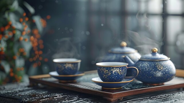 Exquisite tea set with steam rising from cup on a tranquil morning