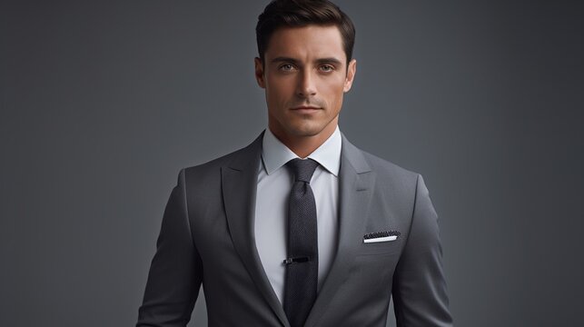 The simplicity of a gray backdrop accentuates the elegance of a person in their business suit