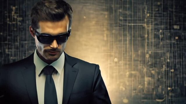 businessman with sunglasses hacked background 