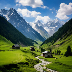 Fototapeta na wymiar Breathtaking Alpine Landscape - Snow-Kissed Mountains, Vast Green Meadows, and Serene Blue Skies