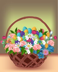 Easter composition with basket, Easter eggs and flowers - 747793450