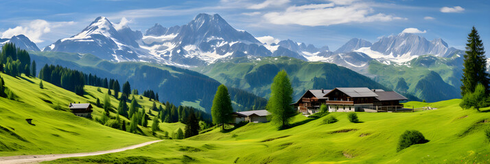 Breathtaking Alpine Landscape - Snow-Kissed Mountains, Vast Green Meadows, and Serene Blue Skies - obrazy, fototapety, plakaty