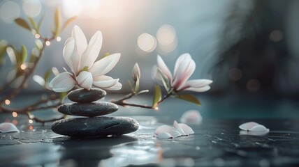 Fototapeta na wymiar Serene spa ambiance with balanced stones and blooming magnolia