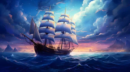 Schilderijen op glas A Wavy Sea at Sunset with a Cloudy Sky swimming alongside boat wallpaper. © Arif
