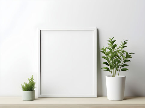 A realistic-looking plant on a shelf with a white frame