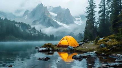Fotobehang A camping tent at dusk high in the mountains Bright, extremely precise, incredibly lifelike, with a keen focus and vibrant hues © Arif