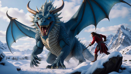 A soldier fights against a huge dragon