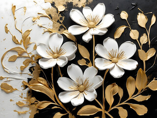 A painting of delicate white flowers with gold leaves against a dramatic black background