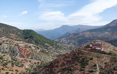 Landscape of desert, mountains and village in Atlas Mountains Morocco near Marrakech.