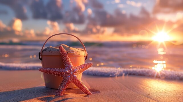 Serene beach scene at sunset with a starfish beside a sandy bucket capturing the essence of summer