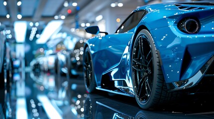 Sleek blue sports car showcased in an auto expo. modern design and luxury concept. perfect for auto enthusiasts and adverts. AI - obrazy, fototapety, plakaty