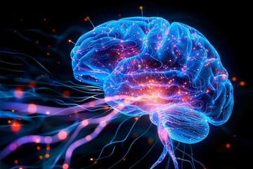 Dynamic Neon Glowing Brain With Flowing Wires On Black Background. Connectivity, Brain Function, and Artificial Intelligence. Futuristic Cyber Style. AI Generative.