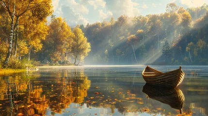 Fototapete Rund Autumn Lake Reflection and Forest Landscape, Peaceful Nature Scenery in Fall, Serene Morning with Fog and Sunlight, Outdoor Beauty and Tranquility © NURA ALAM