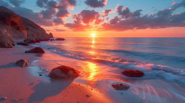 Gorgeous wallpaper of a sunset with rocks beside the shore 