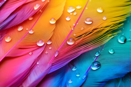 Abstract rainbow: vibrant, colorful feathers in a close-up macro view on a background of plumage texture and drops of dew