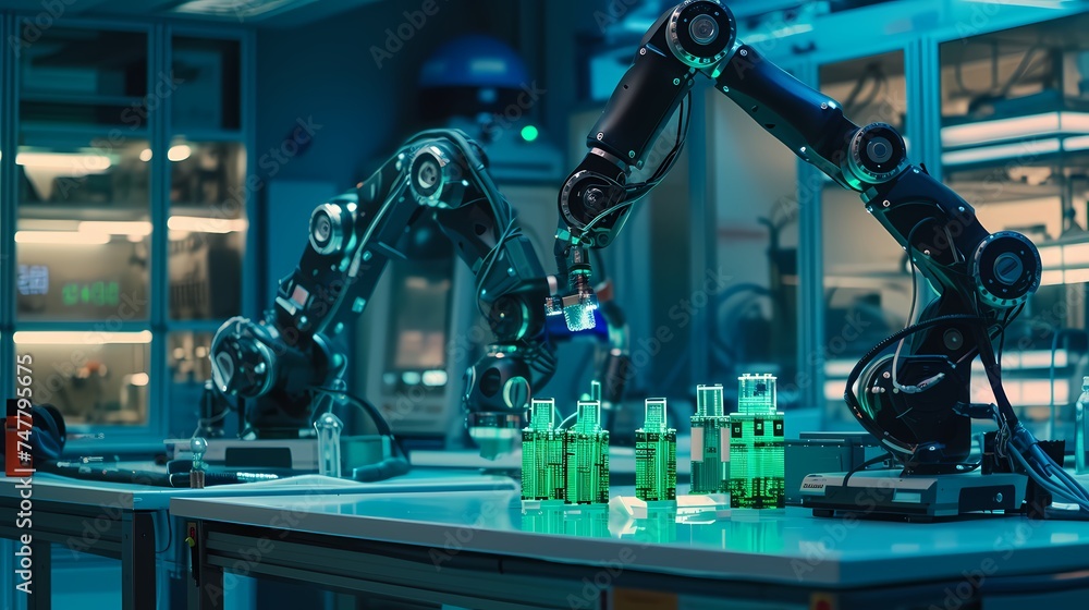 Poster precision robotics at work in a high-tech lab setting, with robotic arms handling delicate tasks amo