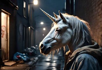 A homeless unicorn with dirty fur, sadness and depression on his face , in a back alley at night