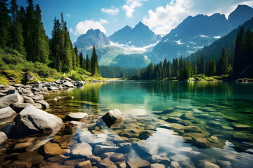 Magnificent mountain lake located in the High Tatra National Park. Please be specific. - obrazy, fototapety, plakaty