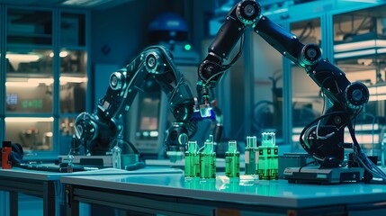 Precision robotics at work in a high-tech lab setting, with robotic arms handling delicate tasks among green glass vials. The controlled environment reflects meticulous attention to detail. AI