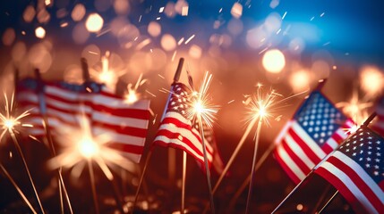 Bright burning sparklers against American flag, closeup - obrazy, fototapety, plakaty