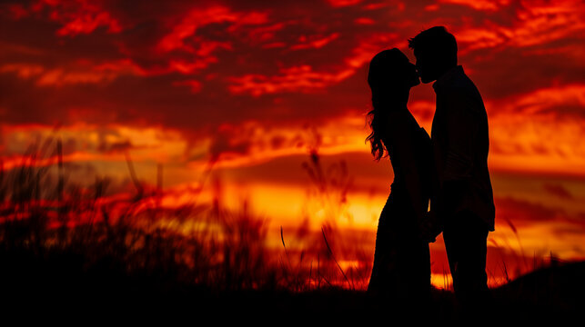 Silhouette of a kissing couple against a background of sunset, orange and red sky, creating a romantic atmosphere, Ai generated Images