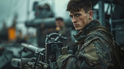 Focused soldier during military operations. gritty warfare scene with intense gaze. cinematic style, evoking drama and tension. AI