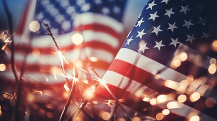 Bright burning sparklers against American flag, closeup