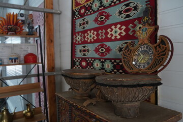 The decor for the yurt, the traditional national Kazakh house, the dwelling of nomads.